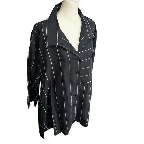 Lisa Bayne 100% Linen Black White Pinstripe Oversized Button Shirt XL Tunic - Picture 3 of 7